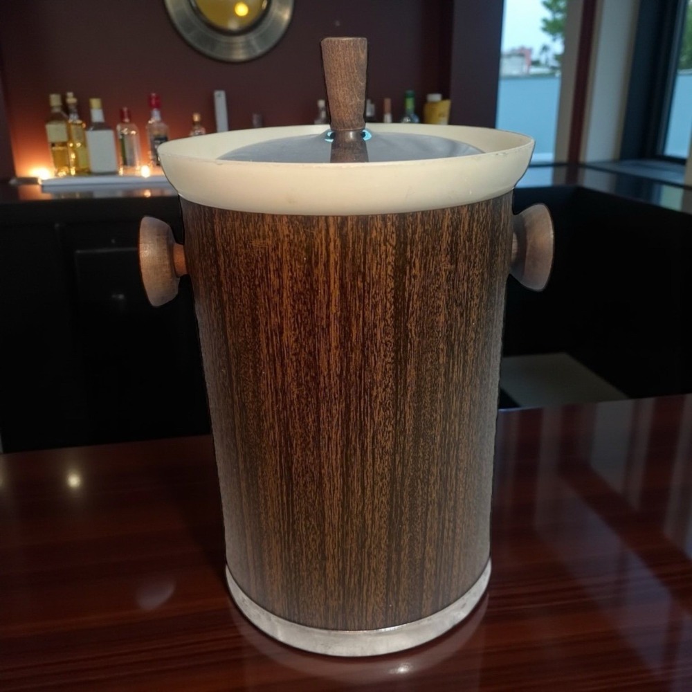 Vintage Kromex Faux Wood Grain Ice Bucket with Lid  Made In USA Retro MCM Bar